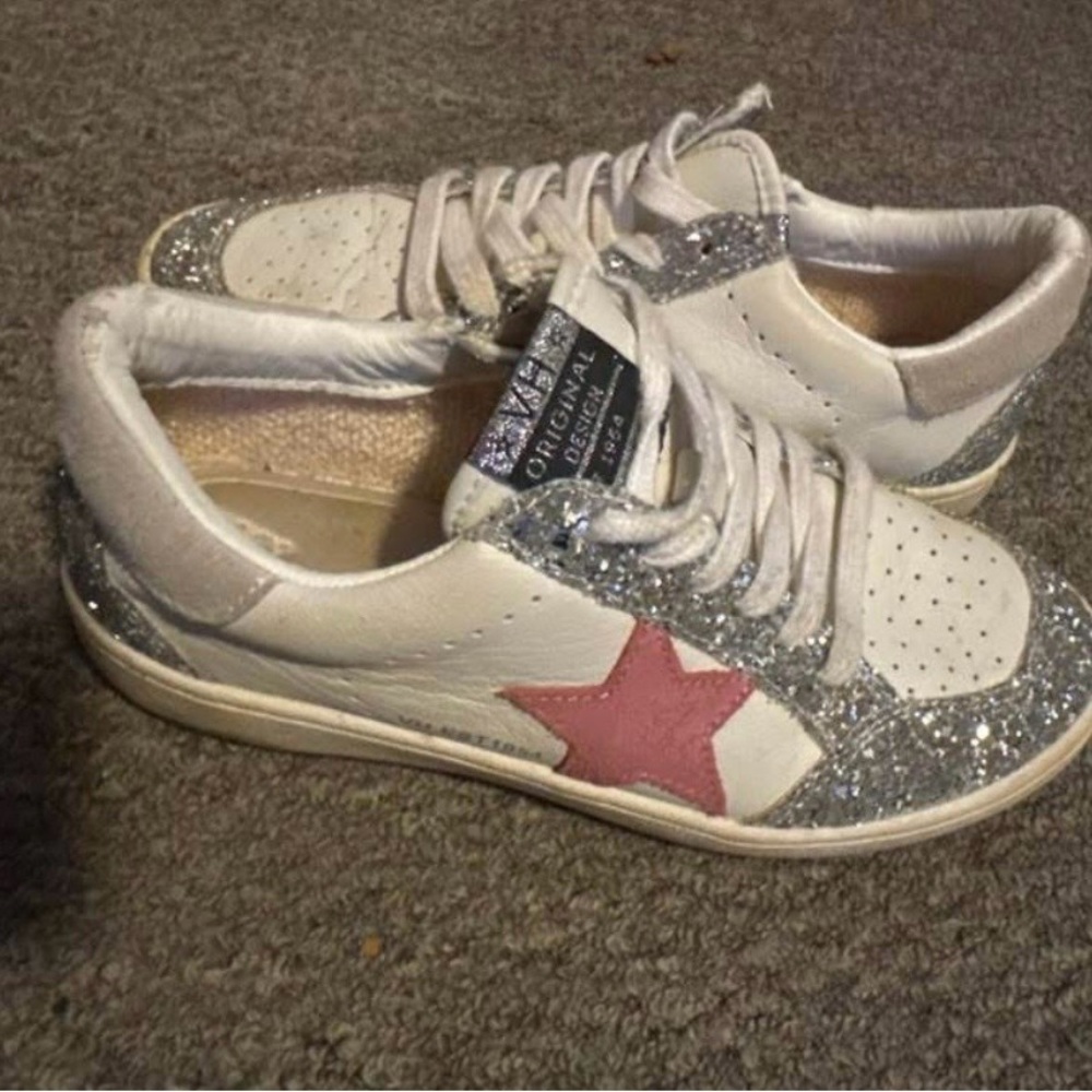 Vintage Havana White Sneakers with Silver Glitter and Pink Star